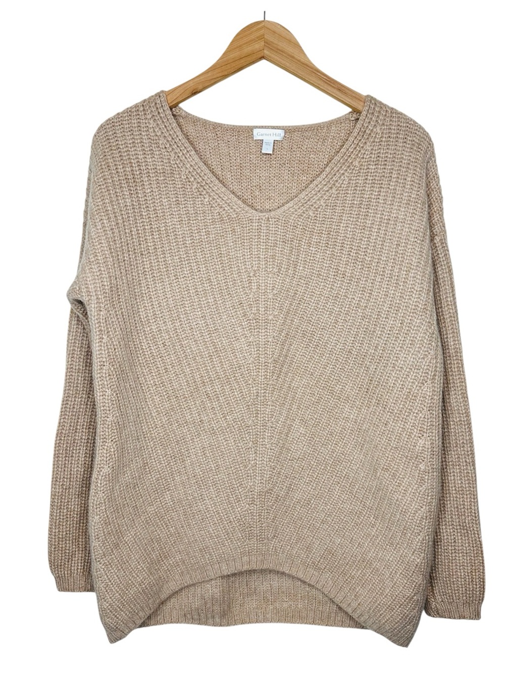 Garnet Hill 100% Cashmere V‑Neck Sweater Size Large Pullover Neutral Tan